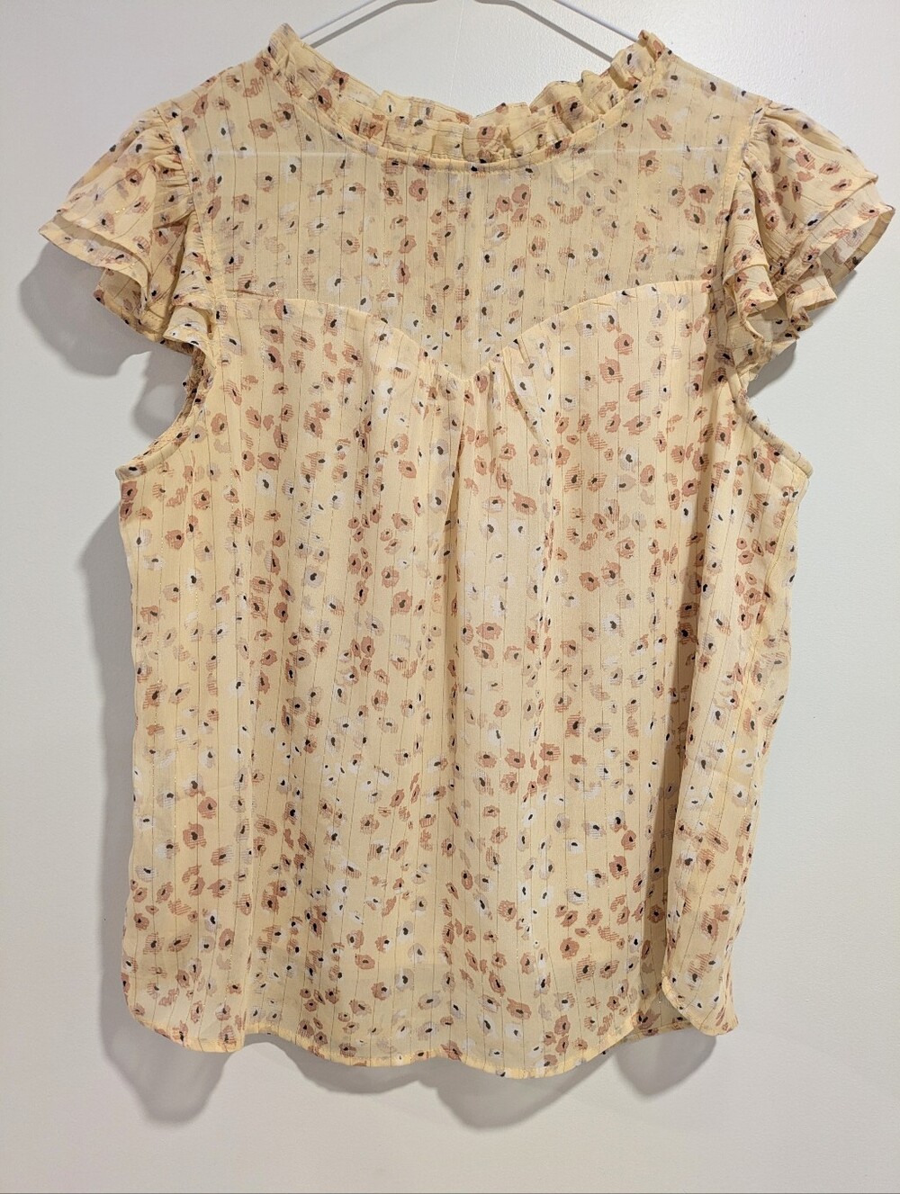 Faith & Joy Floral Flutter Sleeve Blouse Yellow Metallic Stripe Sz S Fits M